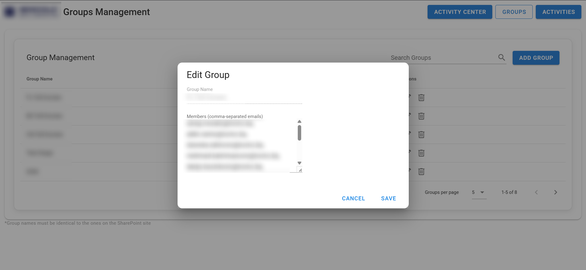 Edit Group - Configure user groups for SharePoint notifications
