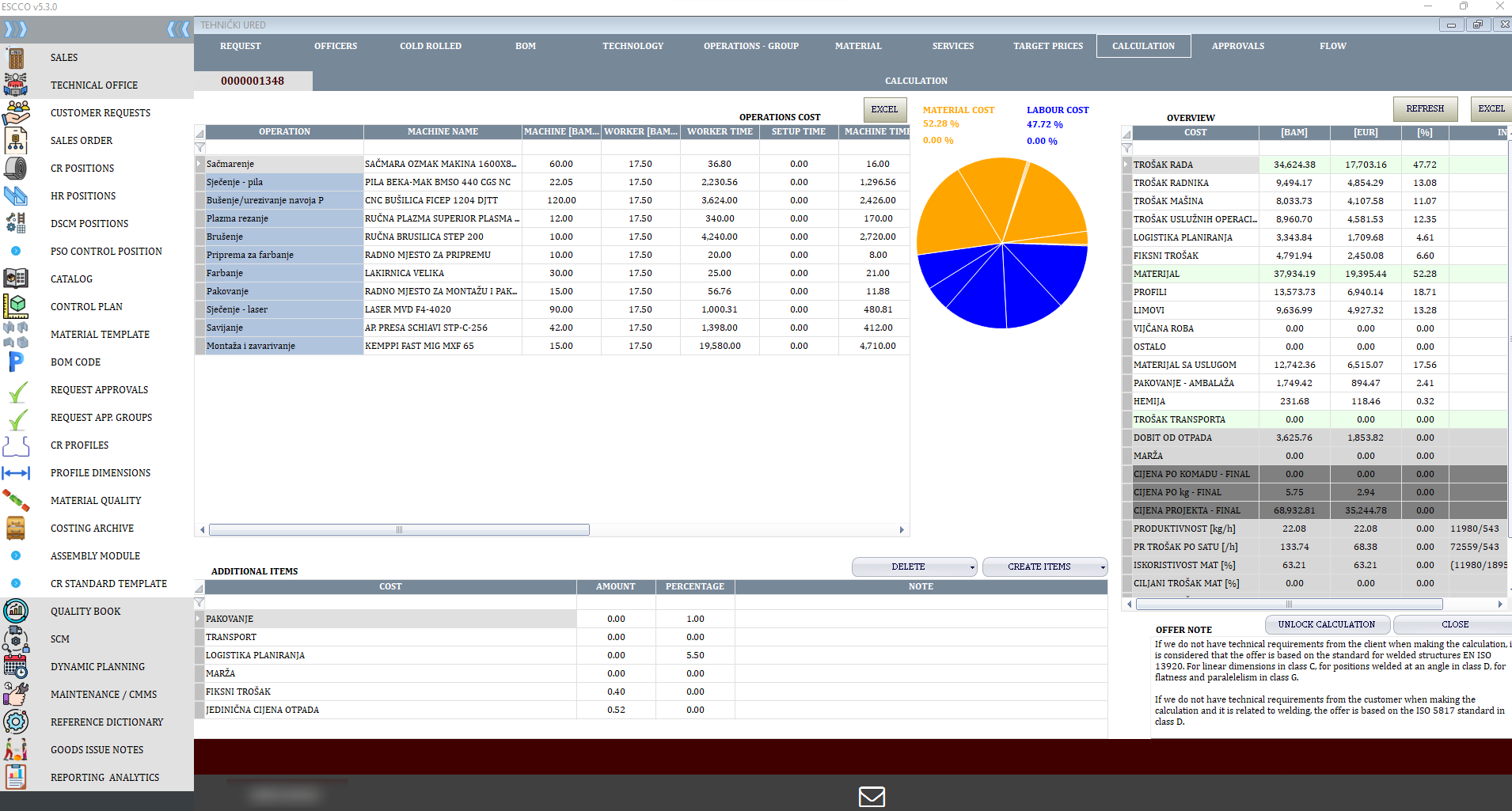 Manufacturing ERP System - Calculation and cost tracking interface